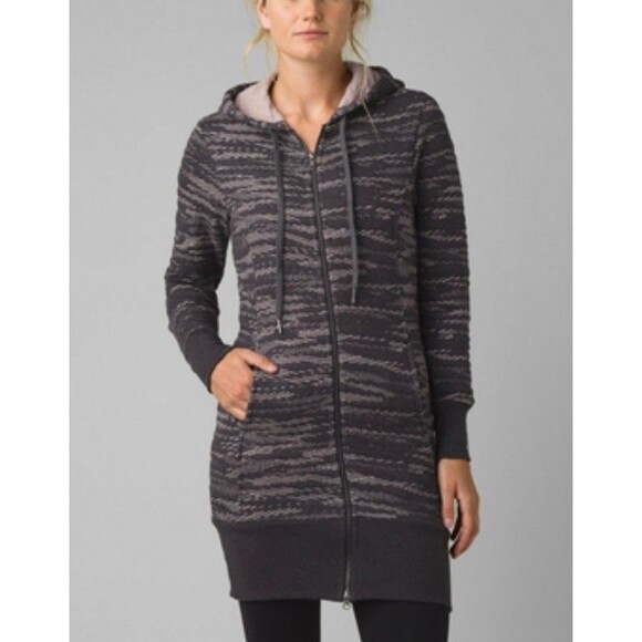 PrAna Carin Full 2 Way Zip Long Hooded Grey Jacket Size Med Corpcore Boho - Picture 1 of 11